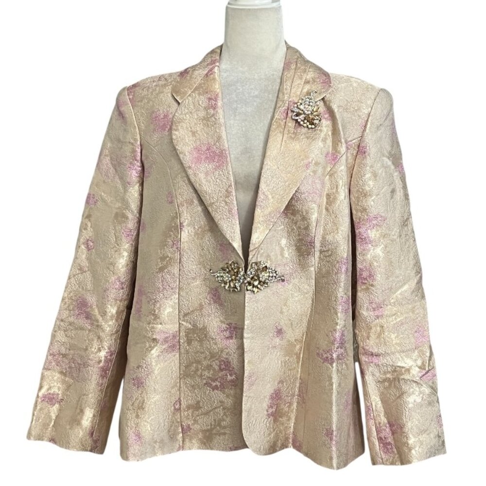 Natasia Collection Gold Jacquard Floral Blazer Womens 22 Rhinestone Clasp Formal